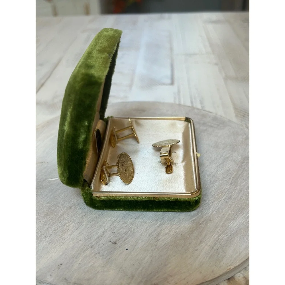 Stag Mens zodiac Gold Tone Cufflink Tie Clip‎ Set Engraved Oval Presentation Box